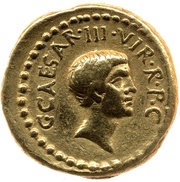 Aureus - Marcus Antonius and Octavian M·ANTONIVS·III·VIR·R·P·C / C·CAESAR·III·VIR·R·P·C reverse image