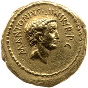 Aureus Livineia: Lucius Livineius Regulus; M·ANTONIVS·III·VIR·R·P·C / L·REGVLVS IIII·VIR·A·P·F obverse image