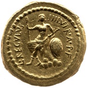 Aureus Livineia: Lucius Livineius Regulus; M·ANTONIVS·III·VIR·R·P·C / L·REGVLVS IIII·VIR·A·P·F, Rome, 42 BC reverse image