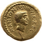 Aureus Livineia: Lucius Livineius Regulus; M·ANTONIVS·III·VIR·R·P·C / L·REGVLVS IIII·VIR·A·P·F obverse image