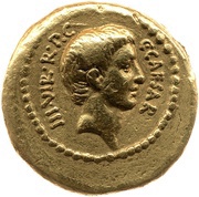 Aureus Livineia: Lucius Livineius Regulus; C·CAESAR III·VIR·R·P·C / L·REGVLVS IIII·VIR·A·P·F obverse image