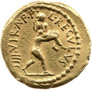 Aureus Livineia: Lucius Livineius Regulus; C·CAESAR III·VIR·R·P·C / L·REGVLVS IIII·VIR·A·P·F reverse image