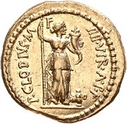 Aureus Clodia: Publius Clodius; M·LEPIDVS·III·VIR·R·P·C / P·CLODIVS·M·F·IIII·VIR·A·P·F, Rome, 42 BC reverse image