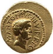 Aureus Clodia: Publius Clodius; M·ANTONIVS·III·VIR·R·P·C / P·CLODIVS·M·F·IIII·VIR·A·P·F obverse image