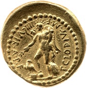 Aureus Clodia: Publius Clodius; M·ANTONIVS·III·VIR·R·P·C / P·CLODIVS·M·F·IIII·VIR·A·P·F, Rome, 42 BC reverse image