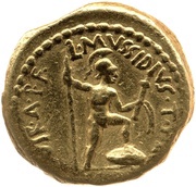 Aureus Mussidia: Lucius Mussidius Longus; M·LEPIDVS·III·VIR·R·P·C / L·MVSSIDIVS·T·F·LONGVS·IIII·VIR·A·P·F, Rome, 42 BC reverse image