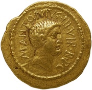 Aureus Mussidia: Lucius Mussidius Longus; M·ANTONIVS·III·VIR·R·P·C / L·MVSSIDIVS·T·F·LONGVS·IIII·VIR·A·P·F· obverse image