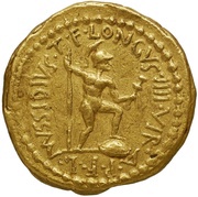 Aureus Mussidia: Lucius Mussidius Longus; M·ANTONIVS·III·VIR·R·P·C / L·MVSSIDIVS·T·F·LONGVS·IIII·VIR·A·P·F· reverse image