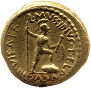 Aureus Mussidia: Lucius Mussidius Longus; M·ANTONIVS·III·VIR·R·P·C / L·MVSSIDIVS·T·F·LONGVS·IIII·VIR·A·P·F· reverse image