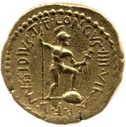 Aureus - Octavian C·CAESAR·III·VIR·R·P·C / L·MVSSIDIVS·T·F·LONGVS·IIII·VIR·A·P·F, Rome, 42 BC reverse image