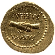 Aureus Vibia: Gaius Vibius Varus; M·ANTONIVS·III·VIR·R·P·C / C·VEIBIVS VAARVS, Rome, 42 BC reverse image