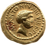 Aureus Mussidia: Lucius Mussidius Longus; M·ANTONIVS·III·VIR·R·P·C / L·MVSSIDIVS LONGVS obverse image