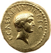 Aureus Mussidia: Lucius Mussidius Longus; C·CAESAR·III·VIR·R·P·C / L·MVSSIDIVS LONGVS obverse image