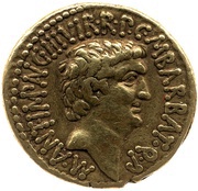 Aureus - Marcus Antonius and Octavian M·ANT·IMP·AVG·III·VIR·R·P·C·M·BARBAT·Q·P / CAESAR·IMP·PONT·III·VIR·R·P·C obverse image