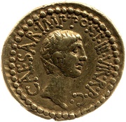 Aureus - Marcus Antonius and Octavian M·ANT·IMP·AVG·III·VIR·R·P·C·M·BARBAT·Q·P / CAESAR·IMP·PONT·III·VIR·R·P·C reverse image