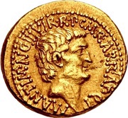 Aureus - Marcus Antonius and Octavian M·ANT·IMP·AVG·III·VIR·R·P·C·M·R·A·R·R·AT·Q·P / CAESAR·IMP·PONT·III·VIR·R·P·C obverse image