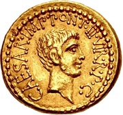 Aureus - Marcus Antonius and Octavian M·ANT·IMP·AVG·III·VIR·R·P·C·M·R·A·R·R·AT·Q·P / CAESAR·IMP·PONT·III·VIR·R·P·C reverse image