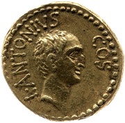 Aureus - Marcus Antonius and Lucius Antonius M·ANT·IMP·AVG·III·VIR·R·P·C·M·NERVA·PROQ·P / L·ANTONIVS·COS, Rome, 41 BC reverse image