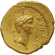 Aureus - Marcus Antonius and Octavian M·ANT·IMP·AVG·III·VIR·R·P·C·L·GELL·Q·P / CAESAR·IMP·PONT·III·VIR·R·P·C reverse image