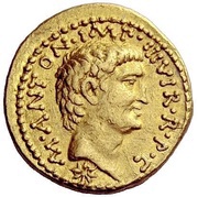 Aureus - Marcus Antonius and Octavian M·ANTON·IMP·III·VIR·R·P·C / CAESAR·IMP·III·VIR·R·P·C obverse image