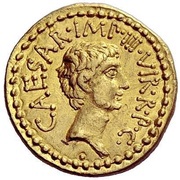 Aureus - Marcus Antonius and Octavian M·ANTON·IMP·III·VIR·R·P·C / CAESAR·IMP·III·VIR·R·P·C, Rome, 39 BC reverse image