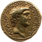 Aureus - Marcus Antonius and Octavian M·ANTON·IMP·III·VIR·R·P·C / CAESAR·IMP·III·VIR·R·P·C obverse image