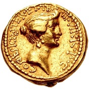 Aureus - Marcus Antonius and Octavia M·ANTONIVS·M·F·M·N·AVGVR·IMP·TER / COS·DESIGN·ITER·ET·TER·III·VIR·R·P·C, Rome, 38 BC reverse image