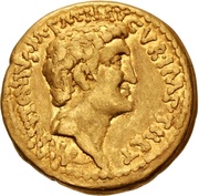 Aureus - Marcus Antonius and Octavia M·ANTONIVS·M·F·M·N·AVGVR·IMP·TIIRT / COS·DIISIG·ITIIR·IIT·TIIRT·III·VIR·R·P·C obverse image