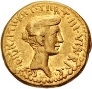Aureus - Marcus Antonius and Octavia M·ANTONIVS·M·F·M·N·AVGVR·IMP·TIIRT / COS·DIISIG·ITIIR·IIT·TIIRT·III·VIR·R·P·C reverse image