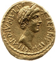 Aureus - Octavius Posthumous; IMP•DIVI•IVLI•F TER•III•VIR•R•P•C• / M•AGRIPPA•COS DESIG obverse image