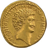 Aureus - Marcus Antonius and Marcus Antonius Antyllus M·ANTONI·M·F·M·N·AVG·IMP·TERT / COS·ITER·ΔESIGN·TERT·III·VIR·R·P·C obverse image