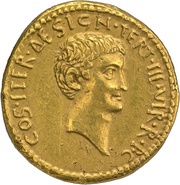 Aureus - Marcus Antonius and Marcus Antonius Antyllus M·ANTONI·M·F·M·N·AVG·IMP·TERT / COS·ITER·ΔESIGN·TERT·III·VIR·R·P·C, Rome, 34 BC reverse image