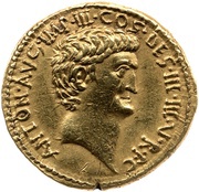 Aureus - Marcus Antonius and Marcus Antonius Antyllus ANTON·AVG·IMP·III·COS·DES·III·III·V·R·P·C / M·ANTONIVS·M·F·F obverse image