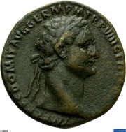 As - Domitian COS XIIII LVD SAEC FEC S C; Tiber obverse image