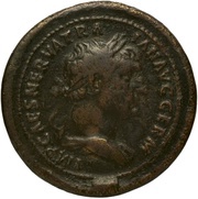 As - Trajan P M TR P COS III P P; Mercury obverse image