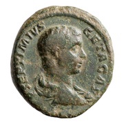 As - Geta PONTIF COS II S C; Minerva obverse image