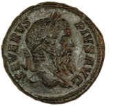 As - Septimius Severus P M TR P XVIII COS III P P S C; Victory obverse image