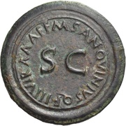 Dupondius M SANQVINIVS Q F IIIVIR A A A F F S C, Rome, 17 BC reverse image