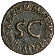 Dupondius - Augustus M MAECILIVS TVLLVS IIIVIR A A A F F S C; Victory, Rome, 7 BC reverse image