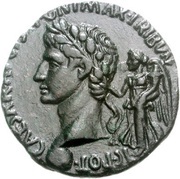 Dupondius - Augustus M MAECILIVS TVLLVS IIIVIR A A A F FS C; Victory obverse image