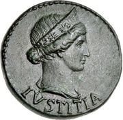Dupondius TI CAESAR DIVI AVG F AVGVST P M TR POT XXIIII round S C; Justitia obverse image