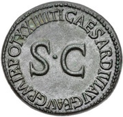 Dupondius TI CAESAR DIVI AVG F AVGVST P M TR POT XXIIII round S C; Justitia, Rome, 22-23 reverse image