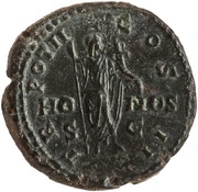 Dupondius - Marcus Aurelius TR POT II COS II HONOS S C; Honos, Rome, 147-148 reverse image