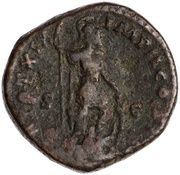 Dupondius - Marcus Aurelius TR POT XIX IMP II COS III S C; Mars, Rome, 164-165 reverse image