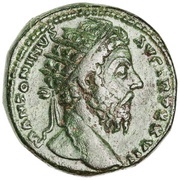 Dupondius - Marcus Aurelius RELIG AVG IMP VI COS III S C; Mercury obverse image