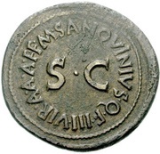 Sestertius M SANQVINIVS Q F IIIVIR A A A F FS C, Rome, 17 BC reverse image