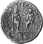 Sestertius - Vespasian, Titus, and Domitian T ET DOMITIANVS CAESA S C, Rome, 71 reverse image