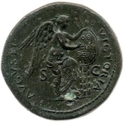 Sestertius - Vespasian Head; VICTORIA AVGVSTI S C starting high right; Victory, Rome, 71 reverse image
