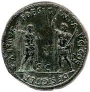 Sestertius - Vespasian, Titus, and Domitian CAES AVG F DESIG IMP AVG F COS DESIG ITER S C, Rome, 71 reverse image