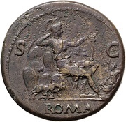 Sestertius - Vespasian ROMA S C; Roma, Tiber, Romulus, and Remus, Rome, 71 reverse image